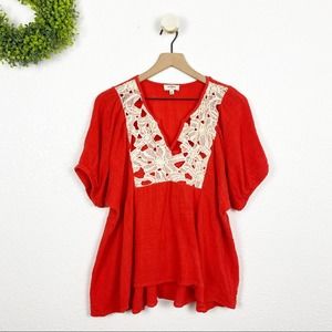 Umgee Boho Crochet Crimson Red Peasant Blouse M